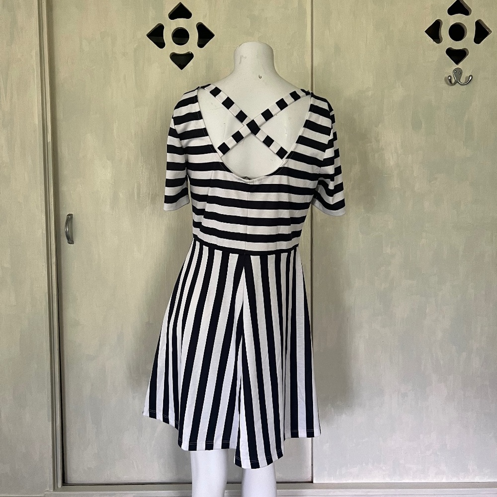 Striped cross back fit and flare swing dress